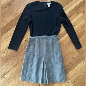 Vintage Oscar de la Renta Black Wool Grey Herringbone Pleat Skirt Belt Dress 12